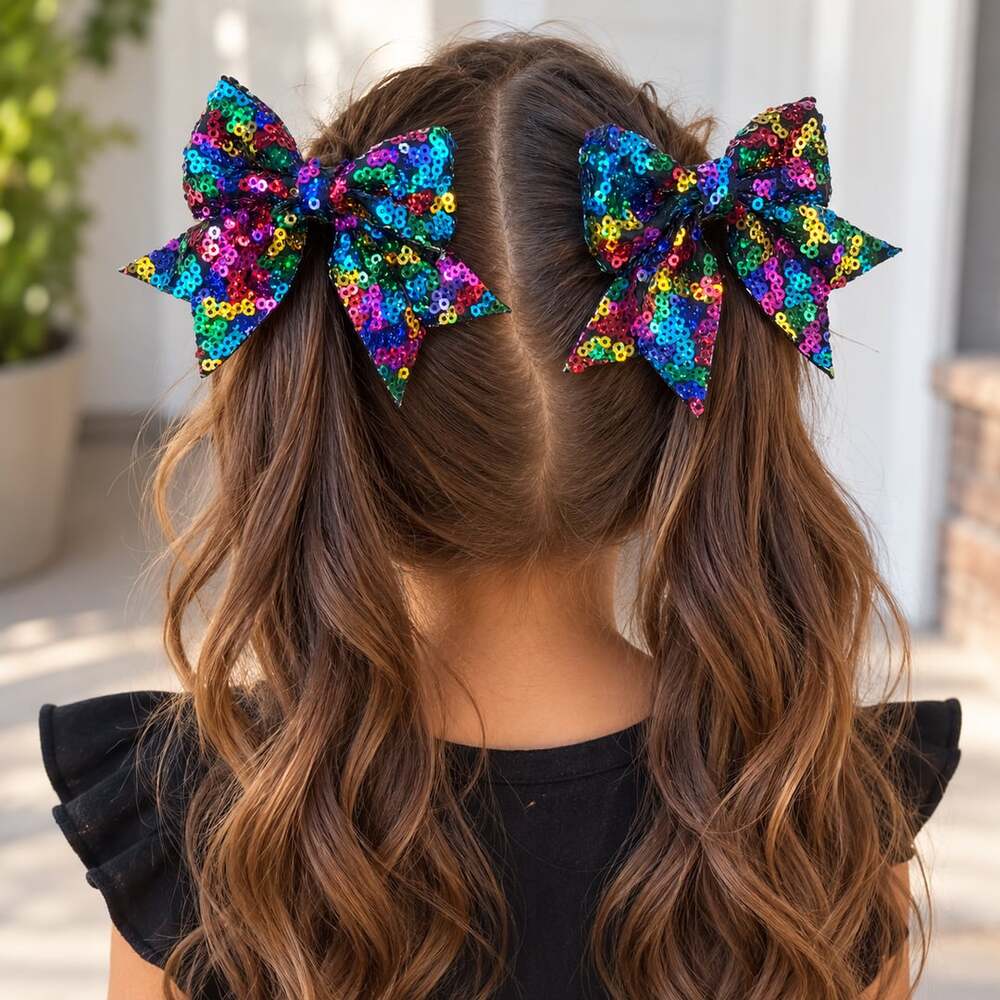 Rainbow Sequin Sparkle Pigtail Hair Bow Set Colorful Partycore Kids Bows